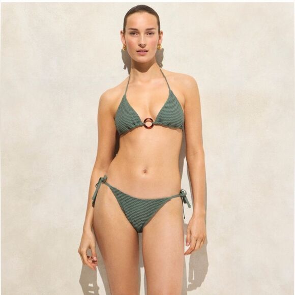 J Crew Swim M Ribbed Curve Waist Cheeky String Bikini Bottom Teal Green - Picture 2 of 11